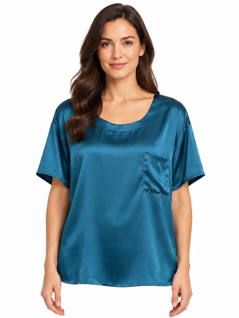 Ekouaer Teal Satin Pajama Top Size S Short Sleeve Pocket NWT